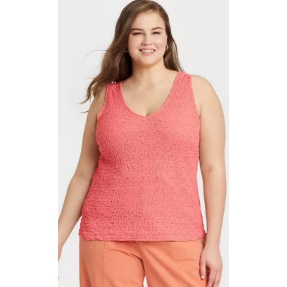 A New Day Textured Double Vneck tank top Pink/Coral Size 2X